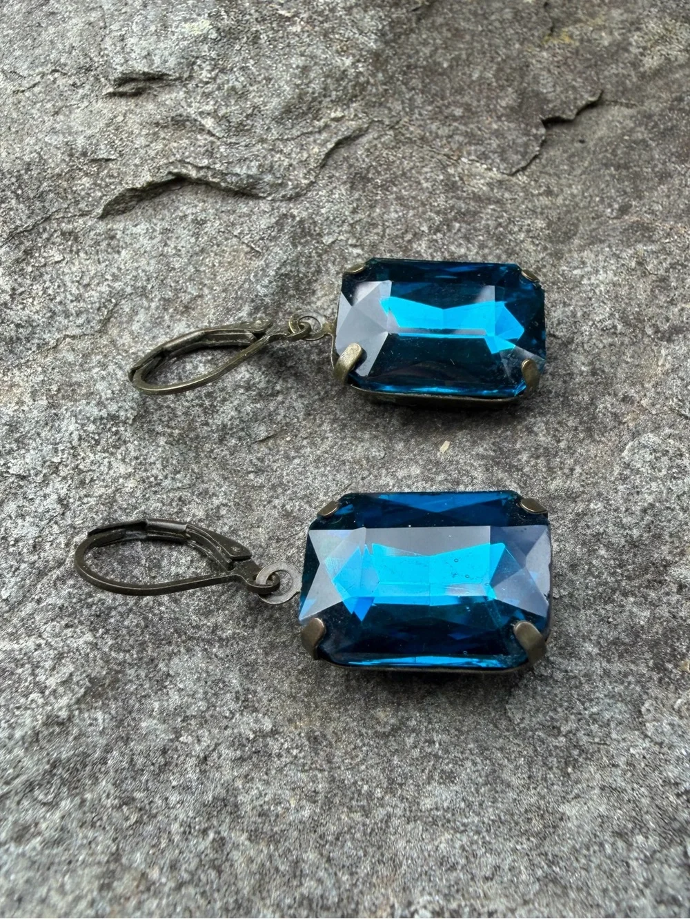 Vintage Blue Crystal Rectangular Drop Earrings
